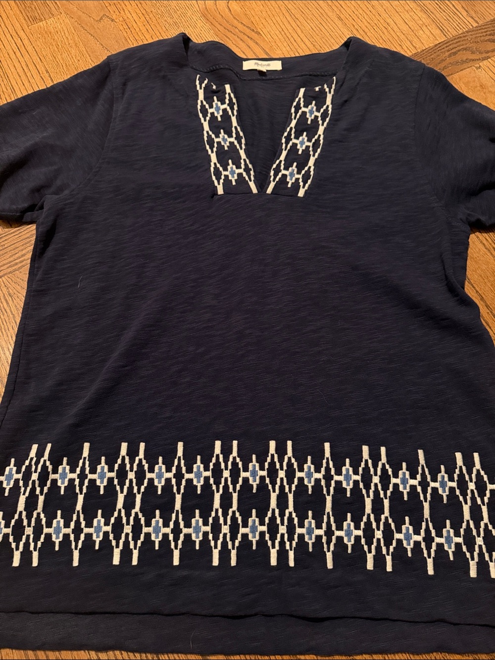Madewell Navy Embroidered Split-Neck Women's Top sz large